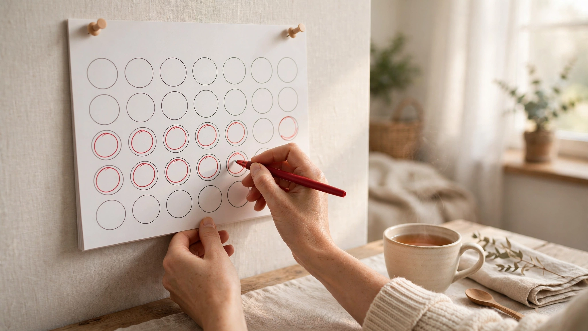 A woman marking days on a wall calendar to track heavy periods at home