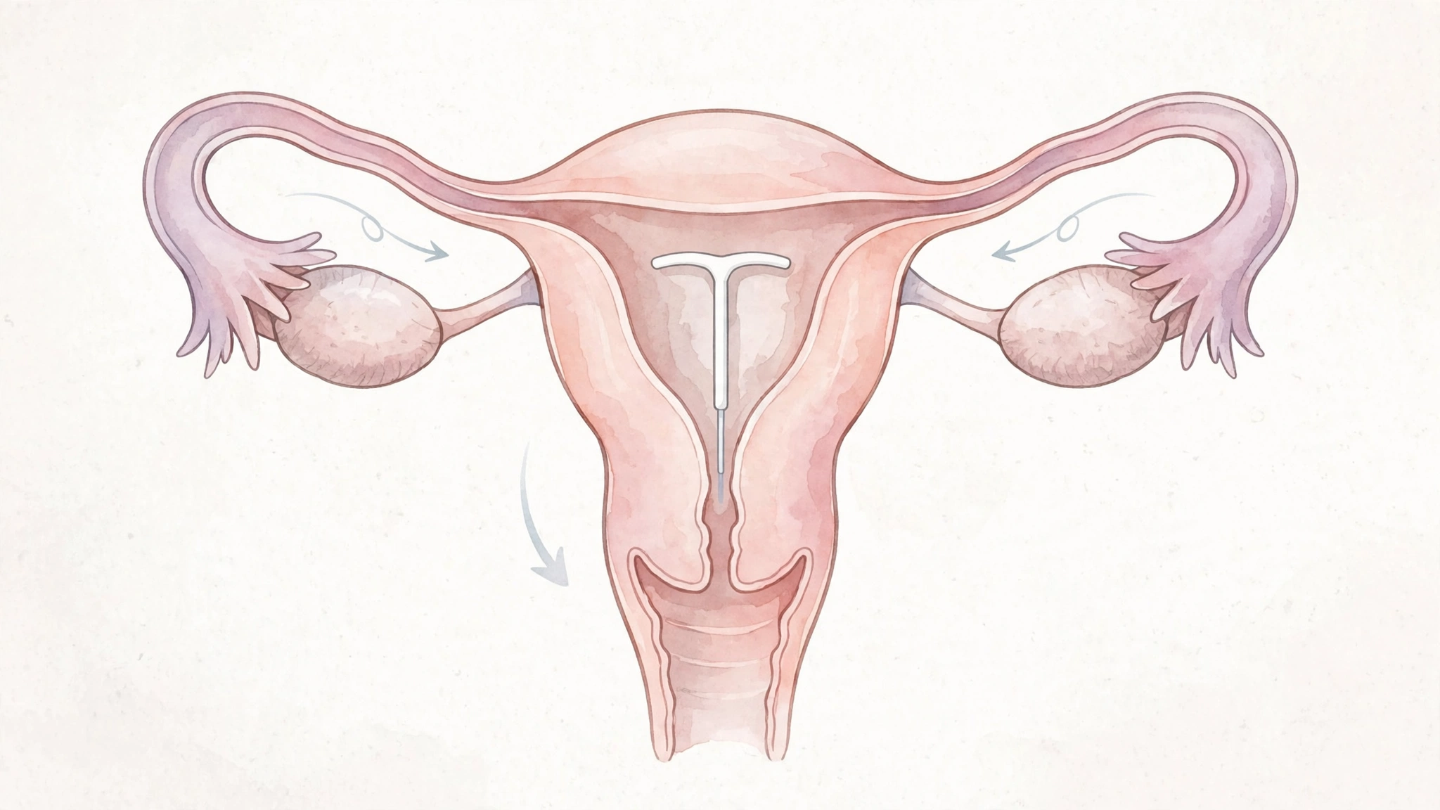 Educational medical illustration of a hormonal IUD correctly positioned inside the uterus