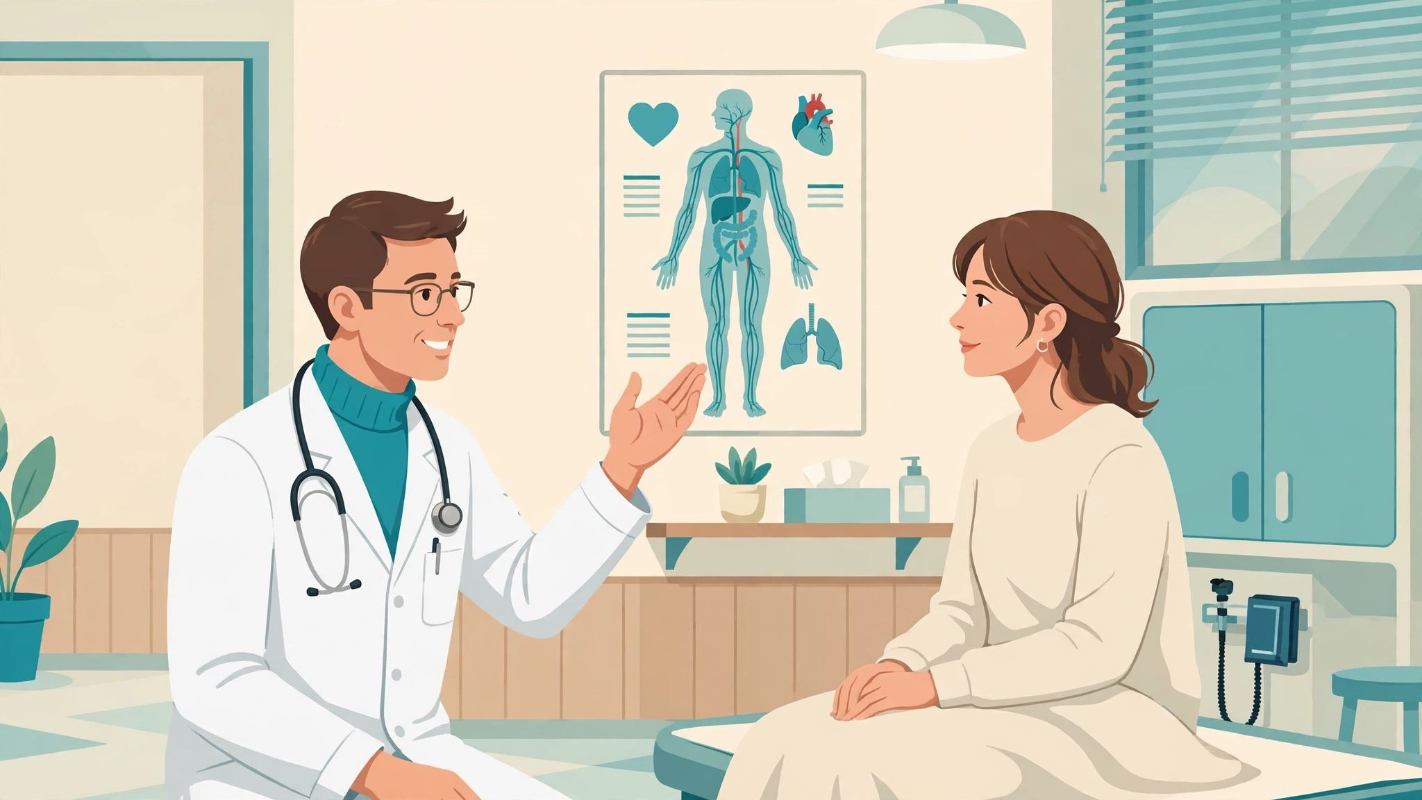Doctor talking through IUD insertion with a patient in a clinic exam room