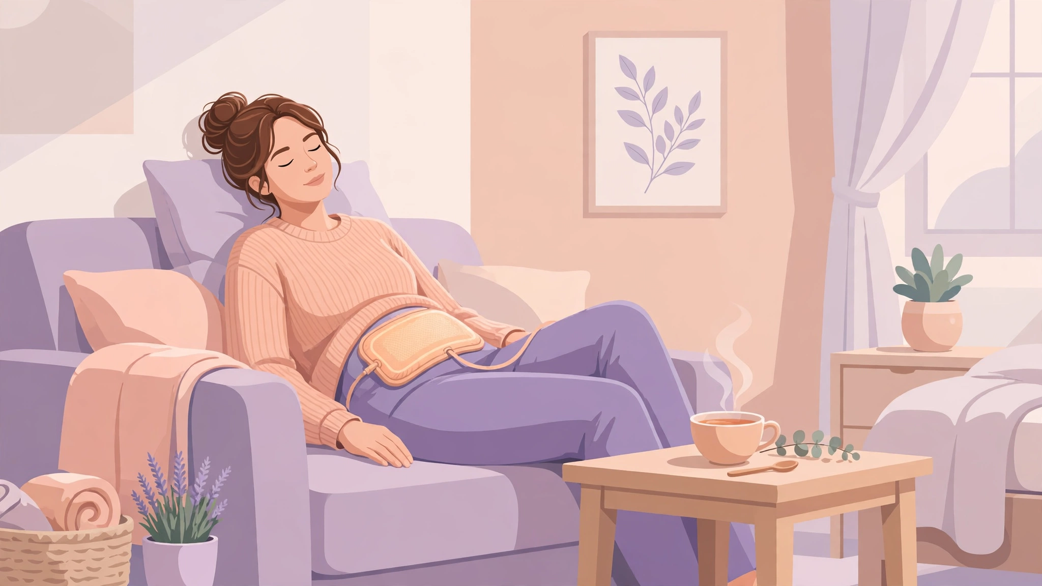 Woman resting at home with a heating pad on her lower abdomen after IUD insertion