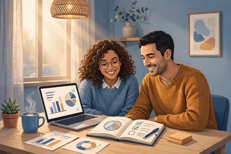 Couple reviewing shared finances together at a home table, illustrating this joint account for couples