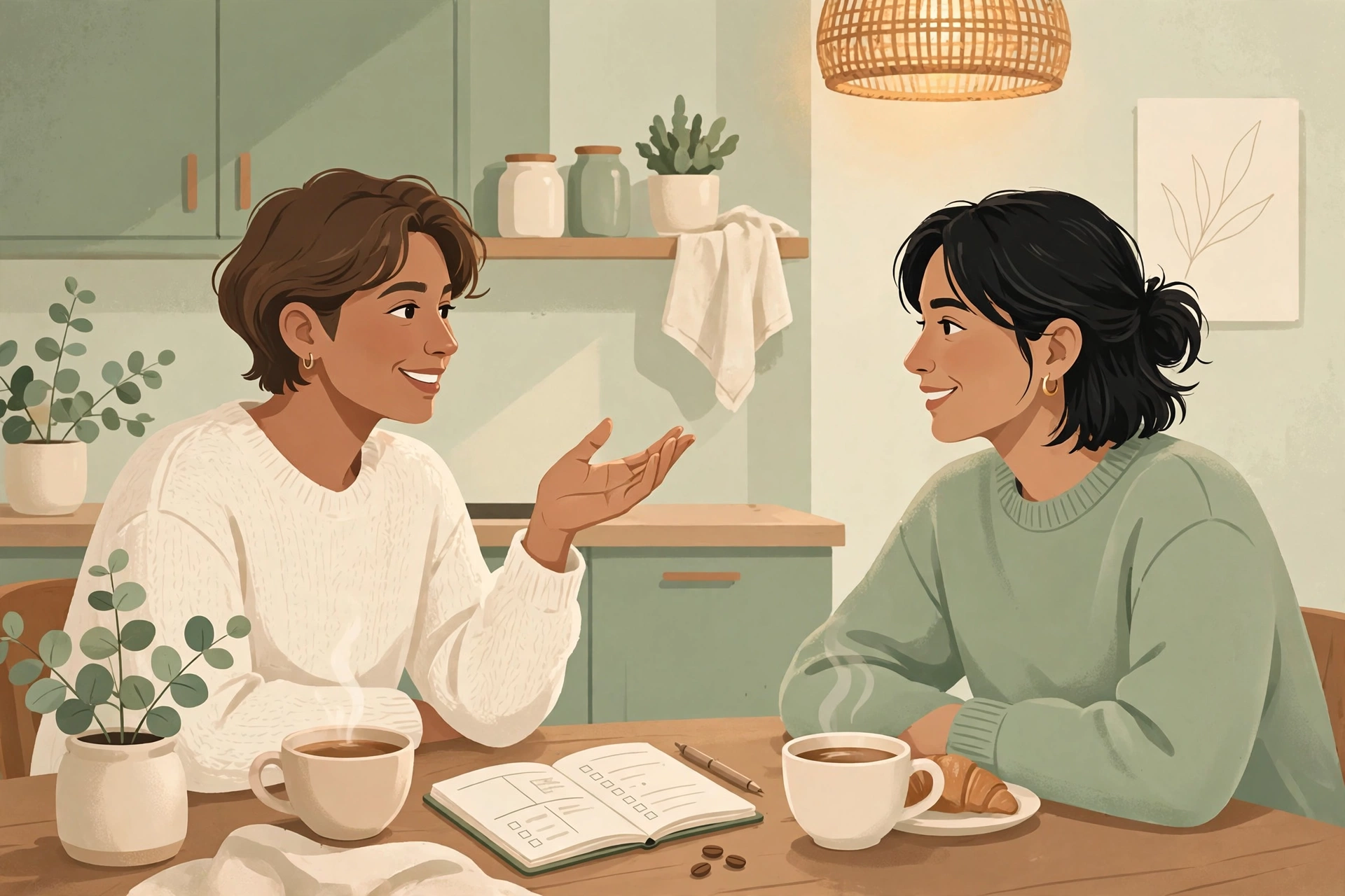 joint account for couples - Couple having a calm, open conversation about money over coffee at the kitchen table
