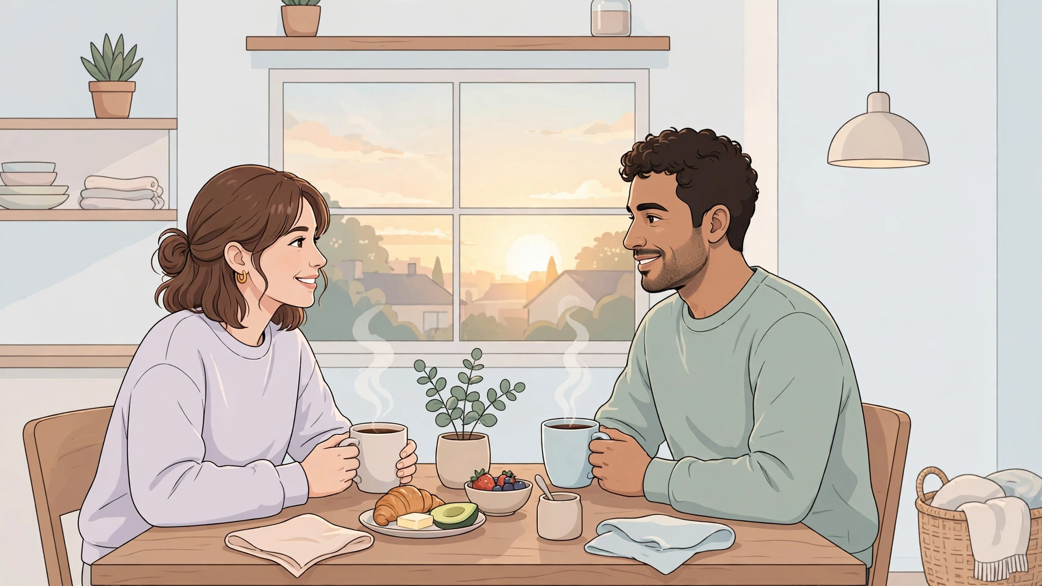 Parents sharing morning coffee together to keep the spark alive after kids