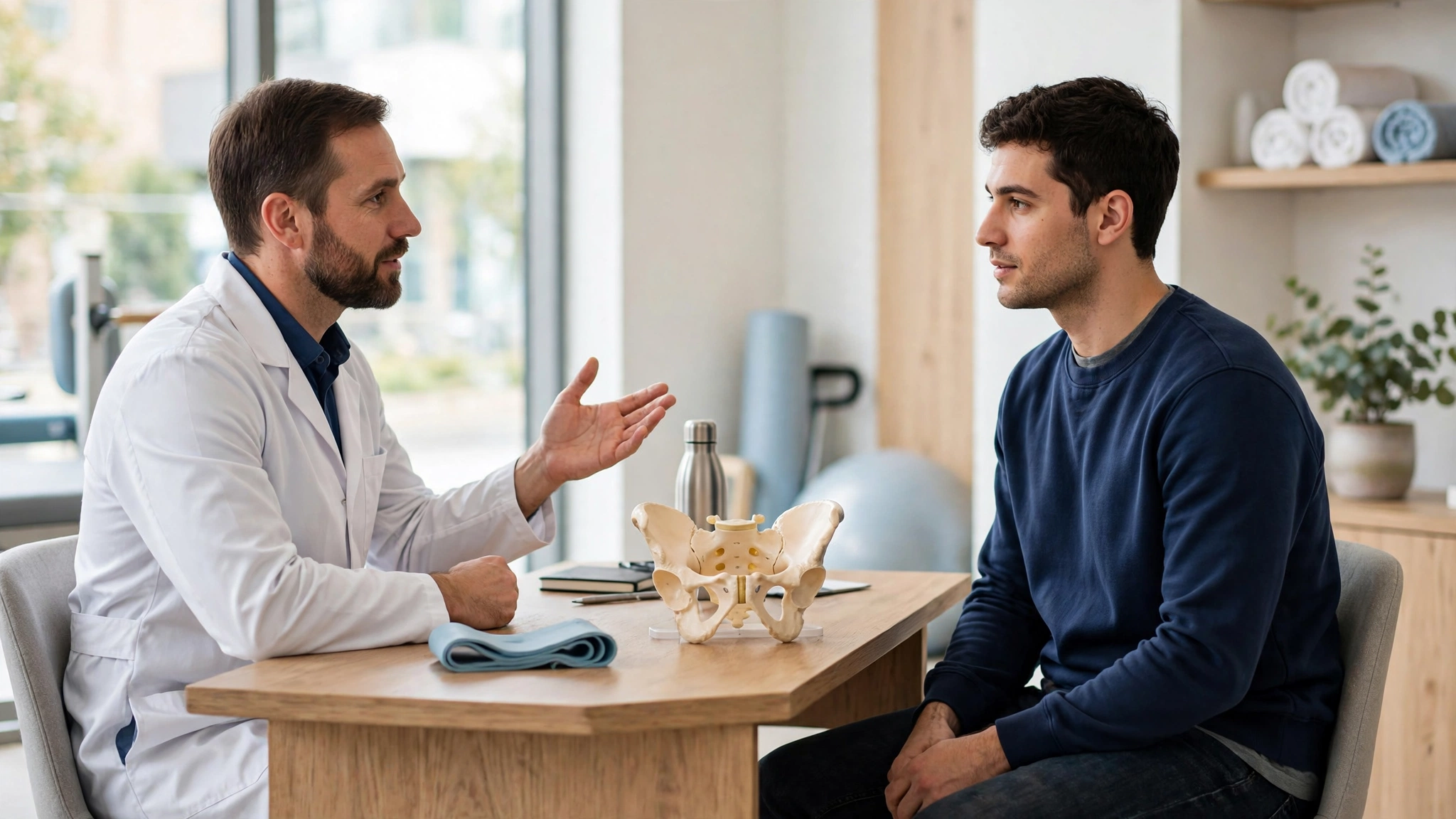 Physiotherapist discussing a pelvic floor exercise plan with a male patient