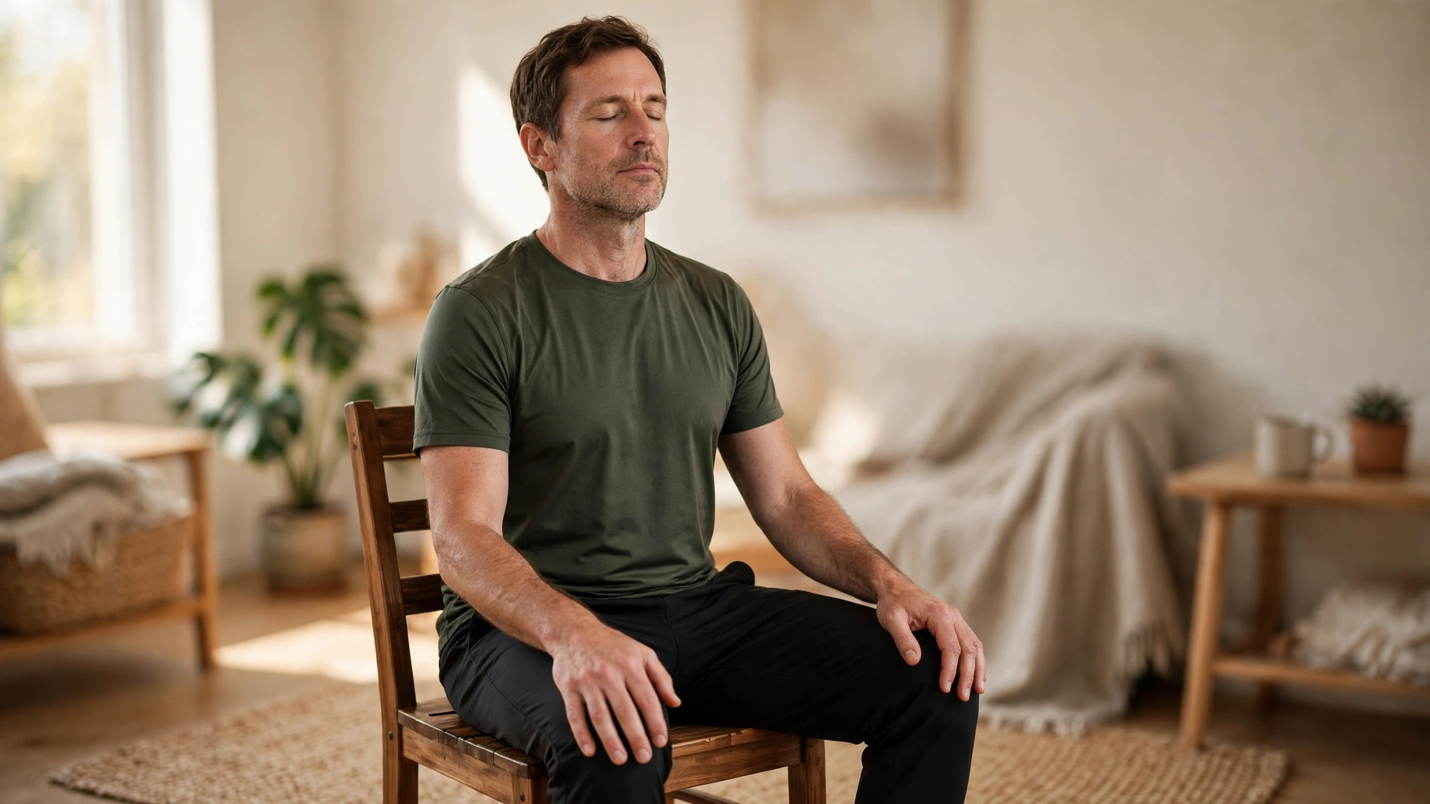 Man sitting with relaxed posture practicing pelvic floor exercises at home