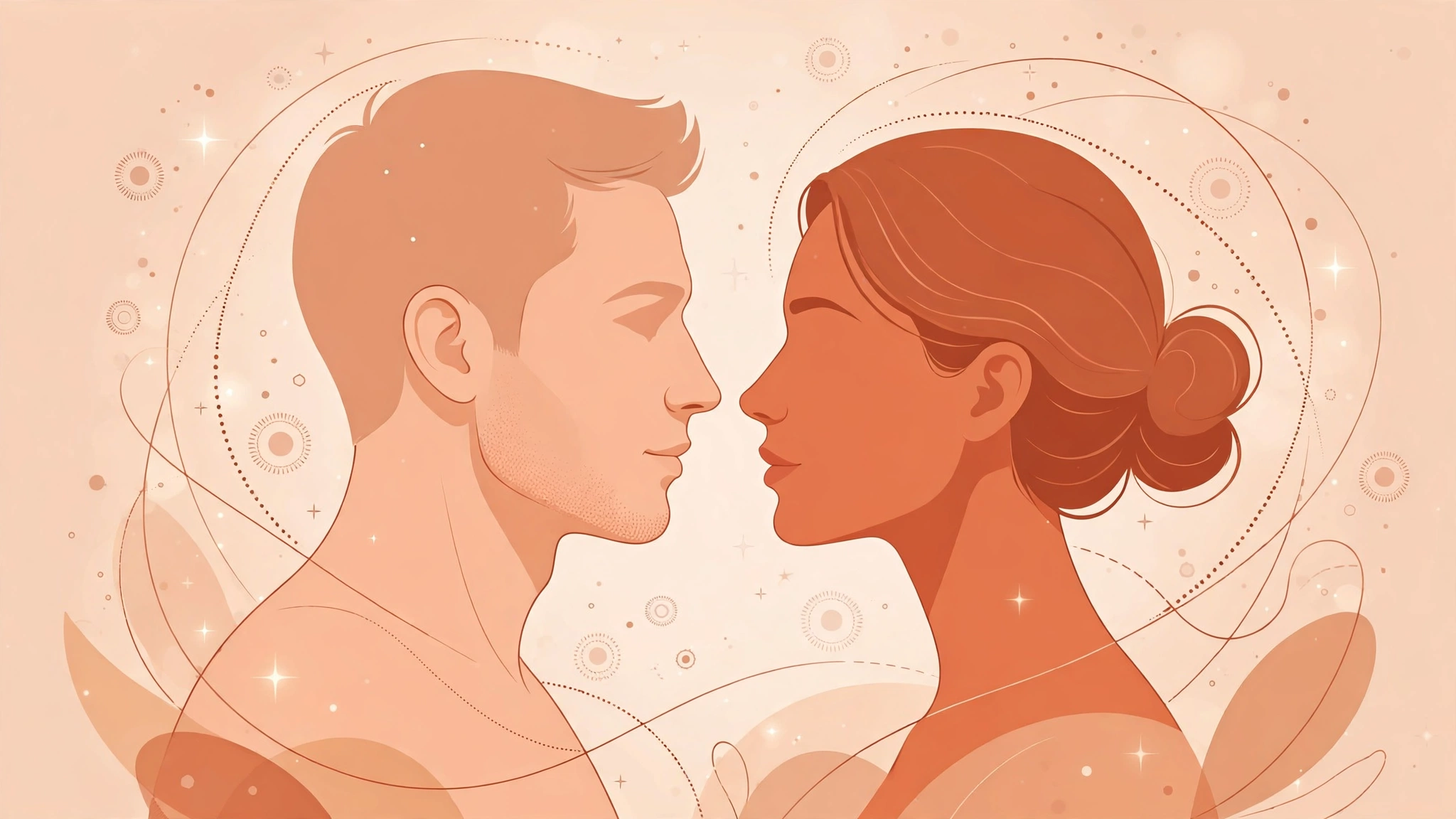 Abstract romantic illustration of a couple about to kiss, symbolizing kissing tips for couples