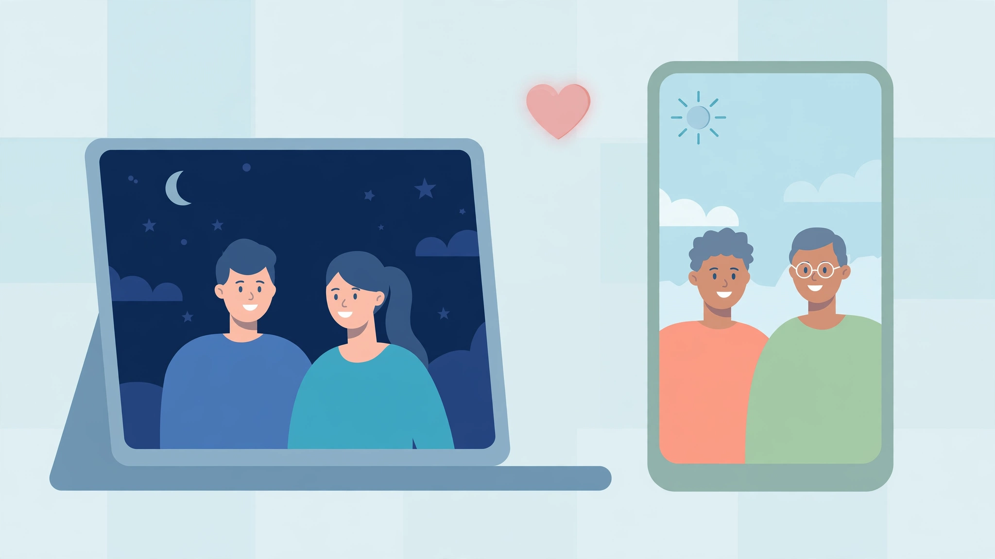 Flat-vector illustration of long distance intimacy: a couple staying connected through video calls