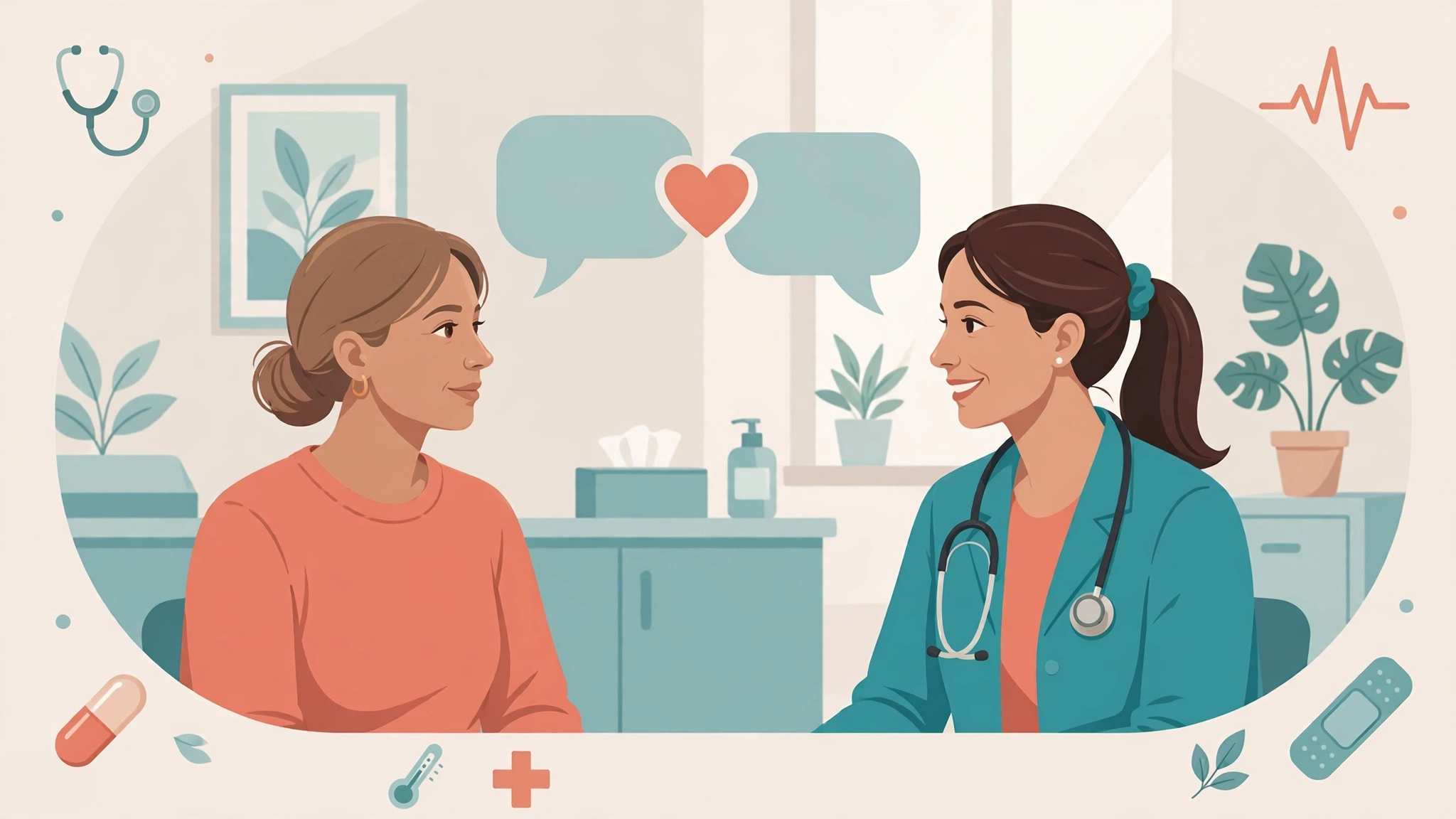 Woman talking to a female doctor about low libido in women during a supportive clinic consultation