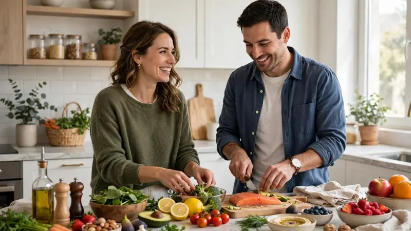 Couple preparing a fertility-friendly nutritious meal together in a bright kitchen