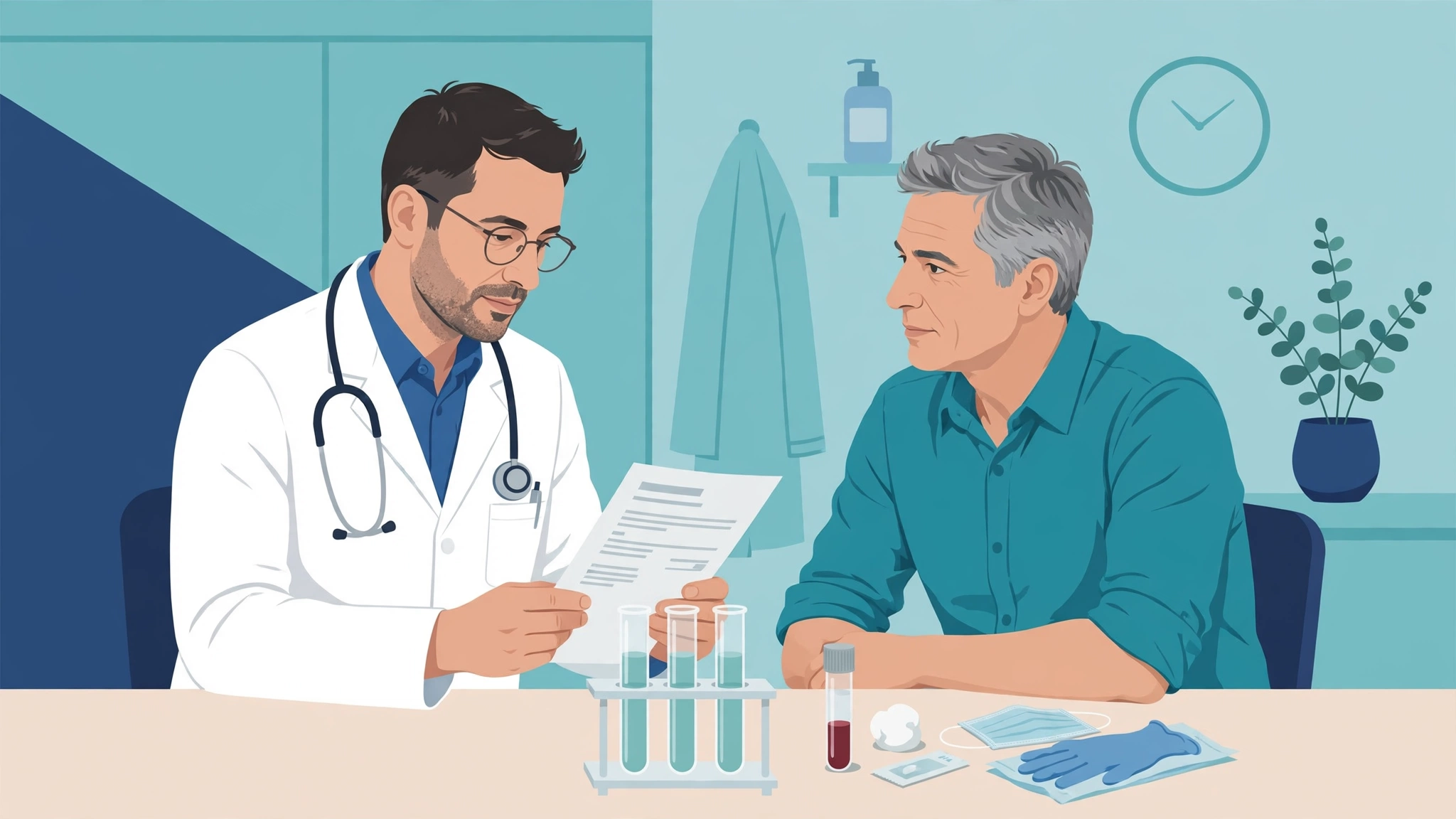 Doctor reviewing low testosterone symptoms men blood test results with a patient