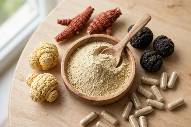 Bowl of maca root powder with dried maca roots and capsules — reviewing the maca root libido evidence