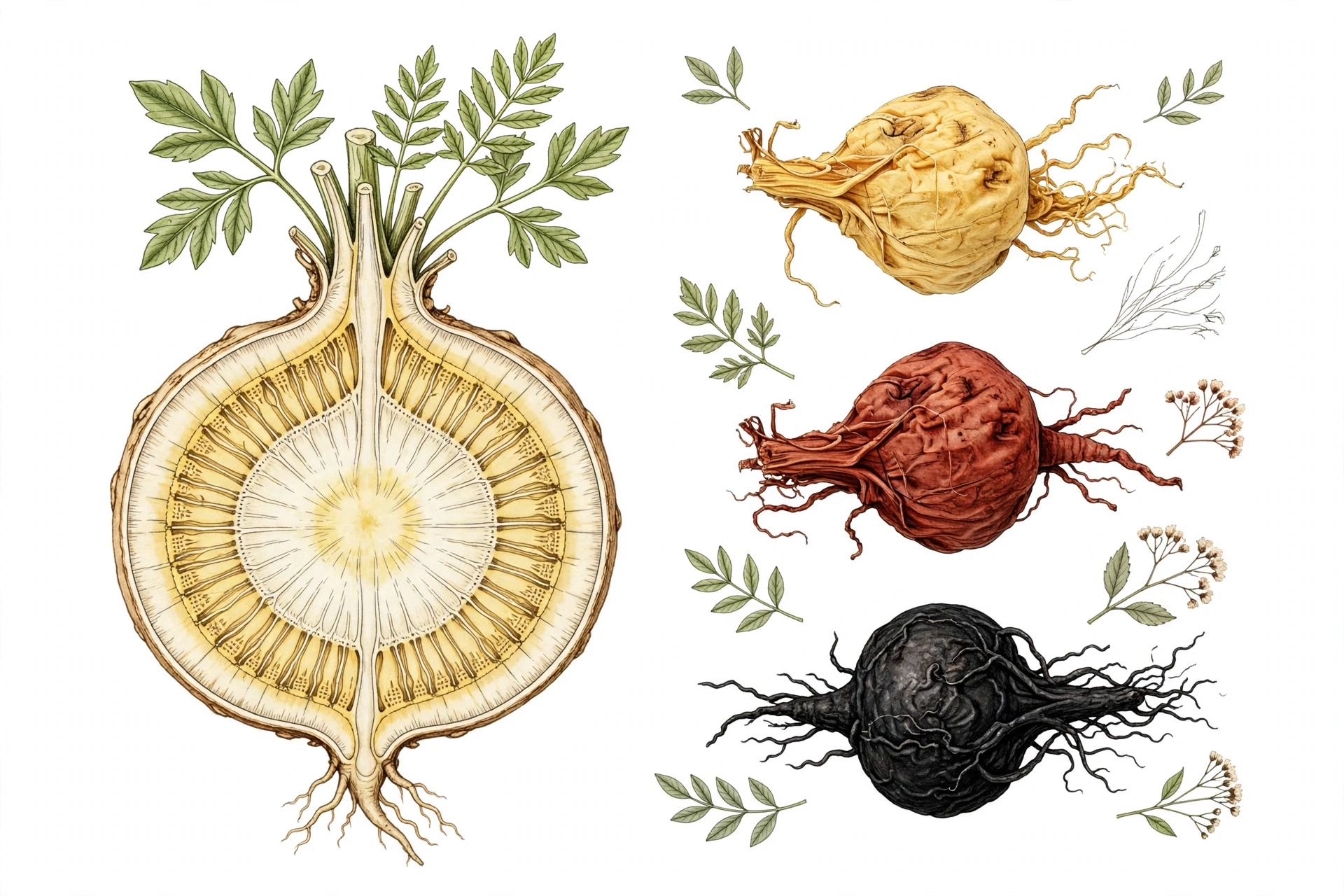 Clinical-style illustration of maca root varieties — yellow, red and black dried maca roots