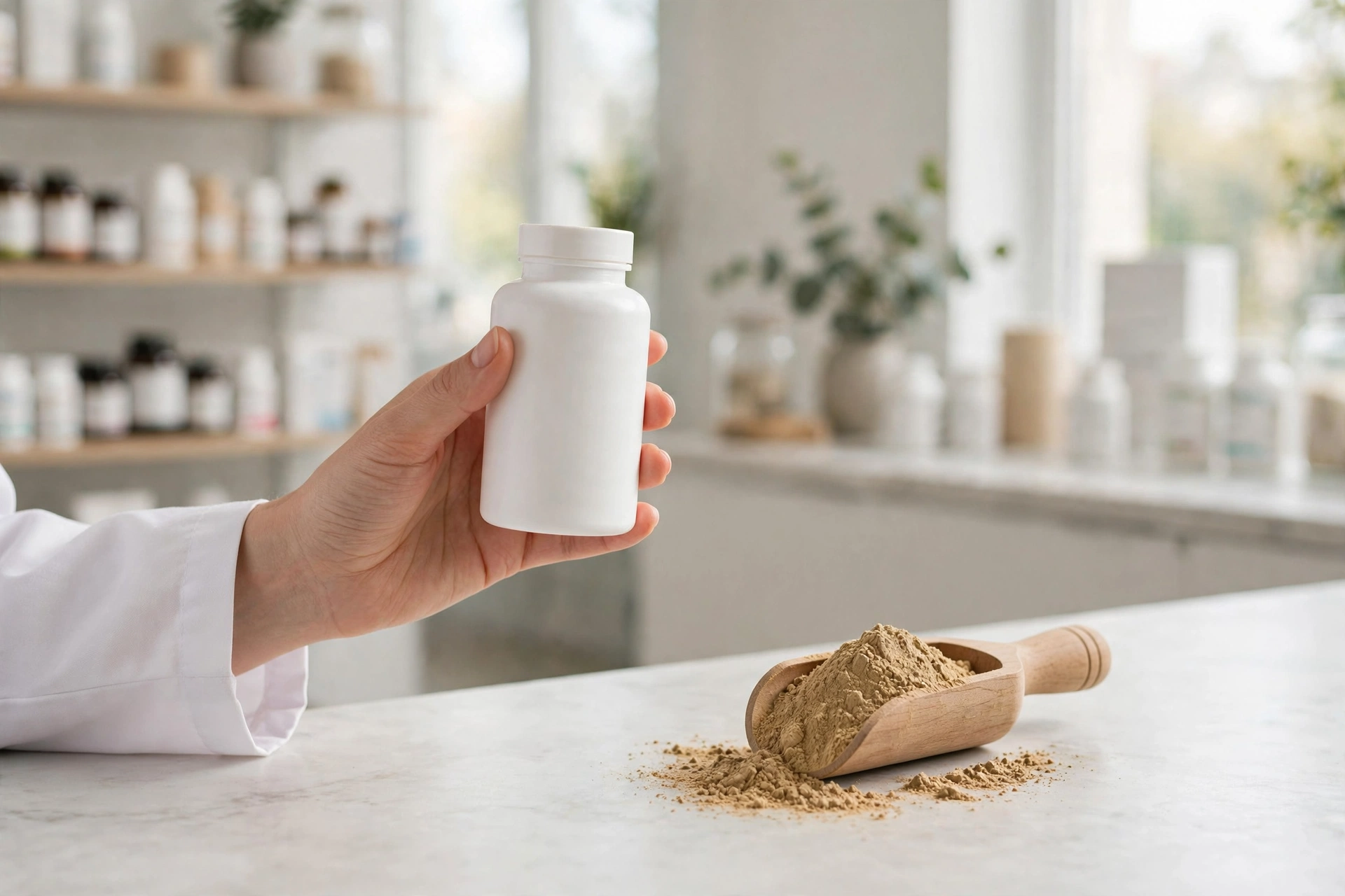 Pharmacist's hands holding a supplement bottle beside a scoop of maca root powder on a wellness counter