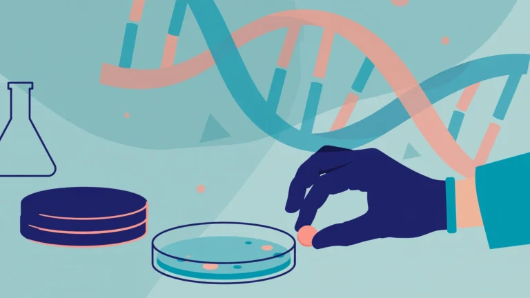Modern flat-vector medical illustration of a lab studying male birth control research candidates in 2026