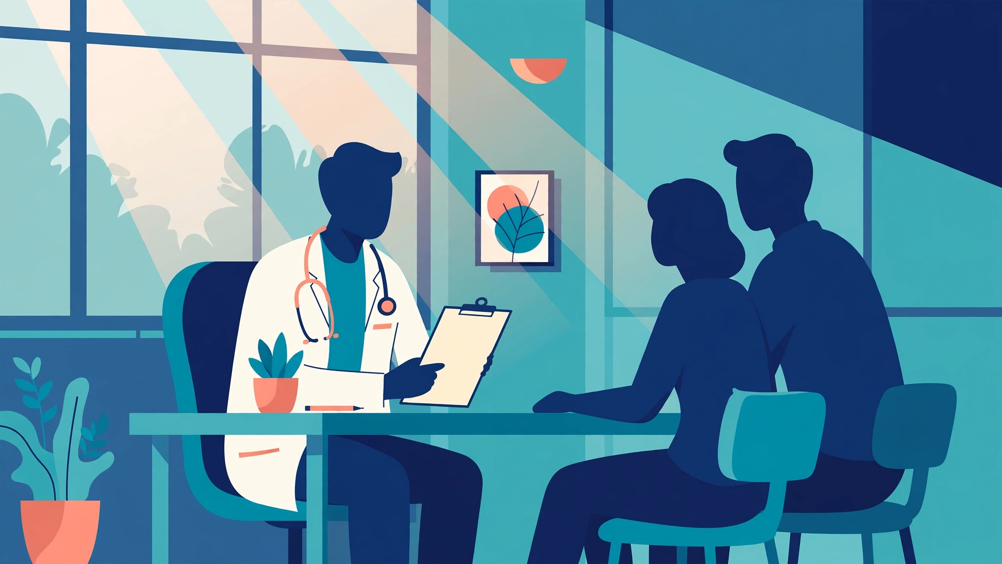 Couple discussing male birth control research options with their doctor