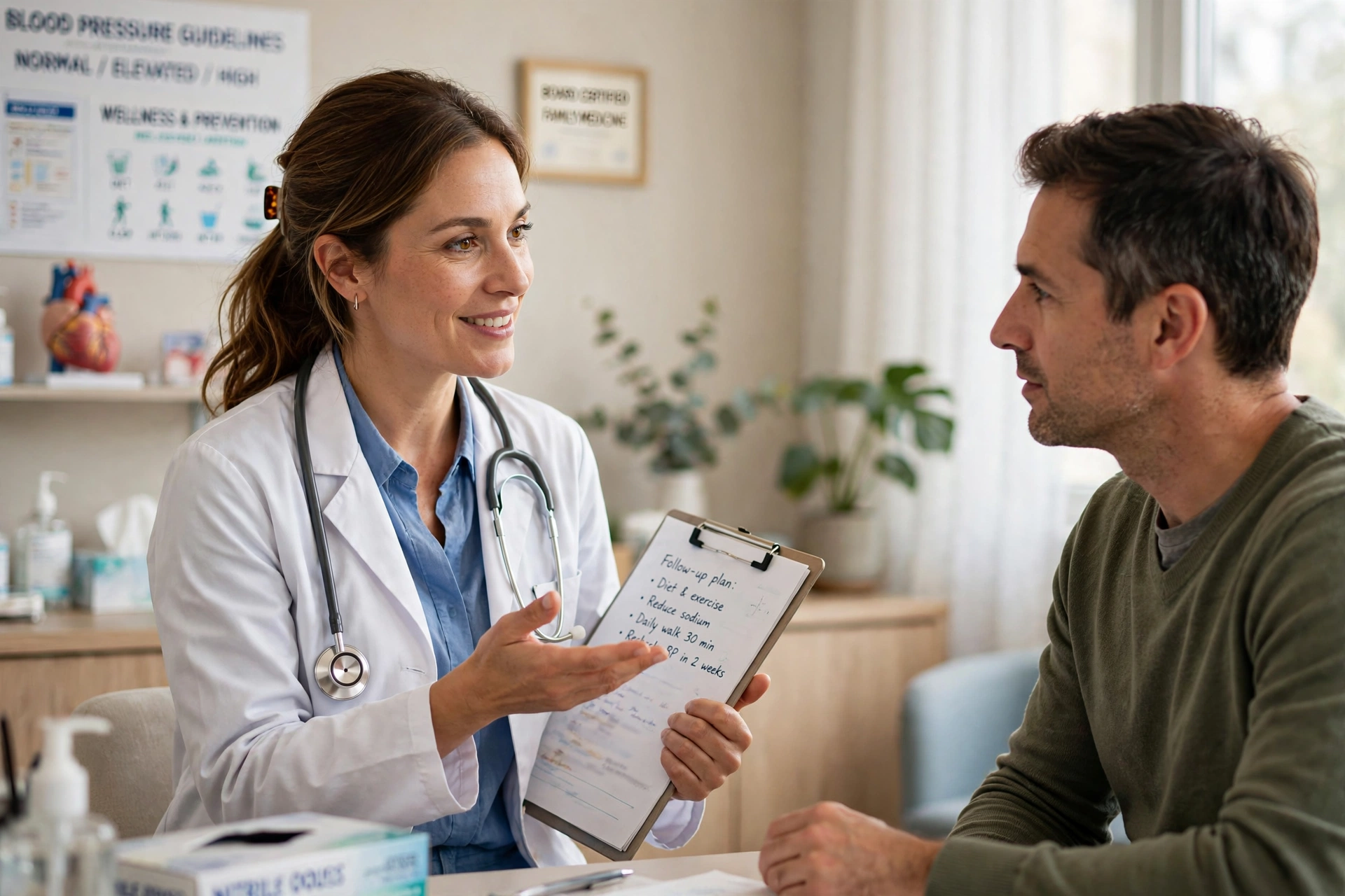 Doctor explaining a herpes treatment follow-up plan to a patient in a clinic