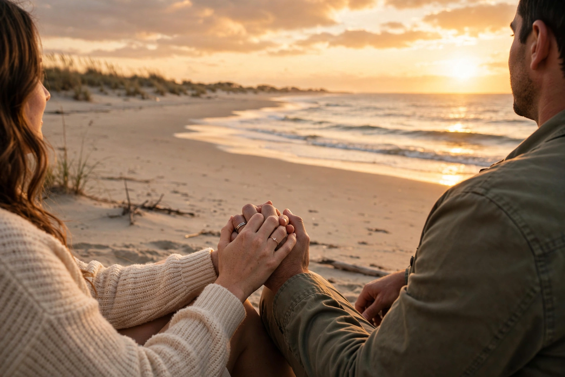 Couple holding hands at sunset, symbolizing support while managing herpes outbreaks in a relationship