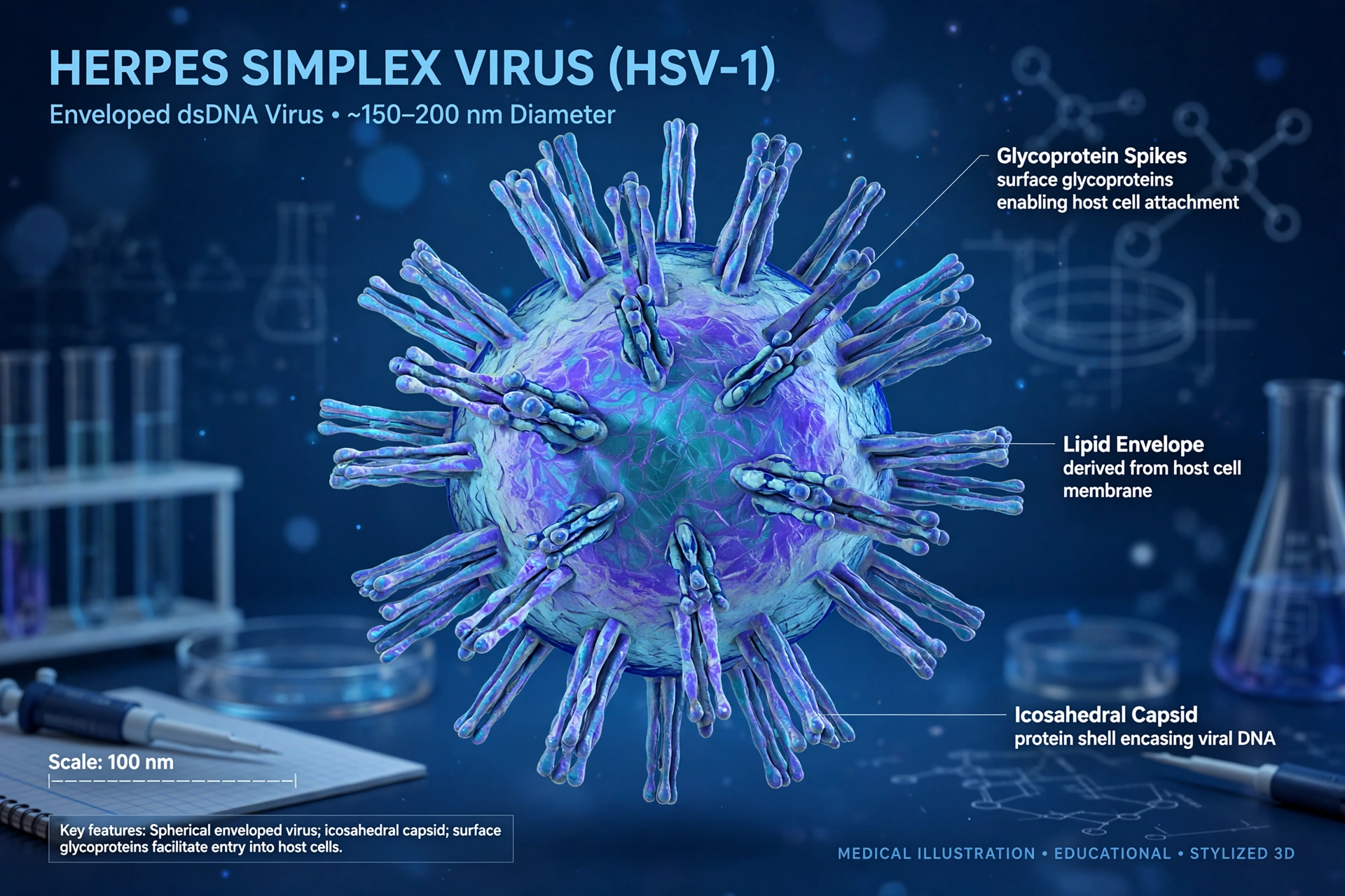 3D medical illustration of the herpes simplex virus particle