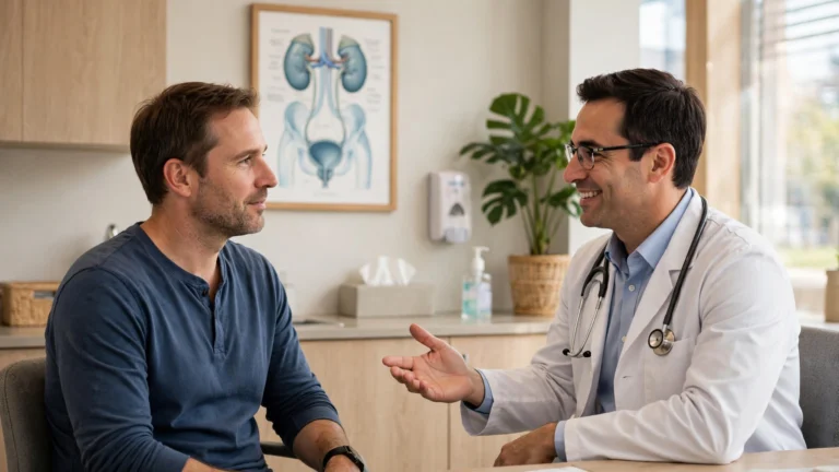 Doctor reassuring a male patient during a urology consultation about blood in semen