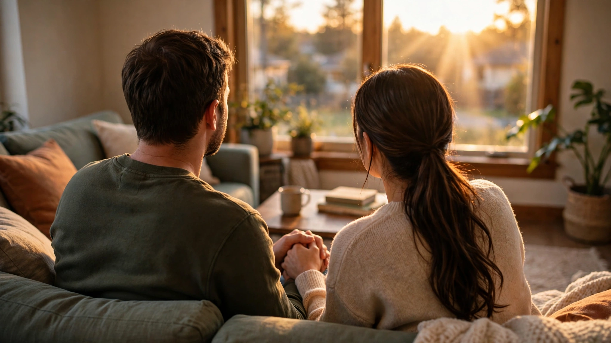 Couple holding hands on a couch at home, supporting each other through a health worry