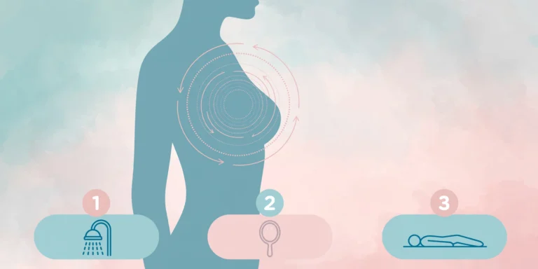 Illustration showing the three steps of a breast self-exam: shower check, mirror check, and lying-down check