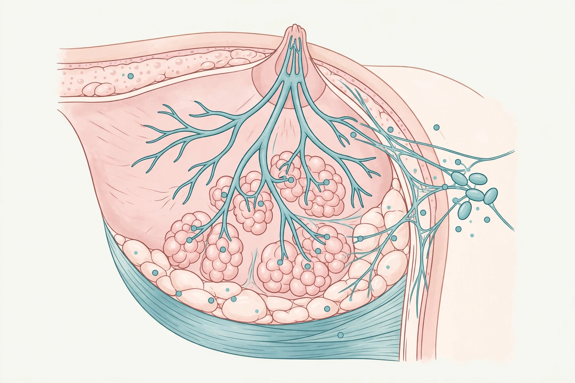 Anatomical illustration of breast tissue layers, milk ducts, and underarm lymph nodes