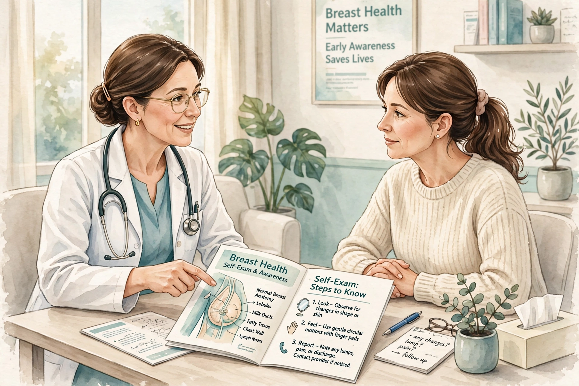 A female doctor explaining the breast self exam guide pamphlet to a patient in a clinic