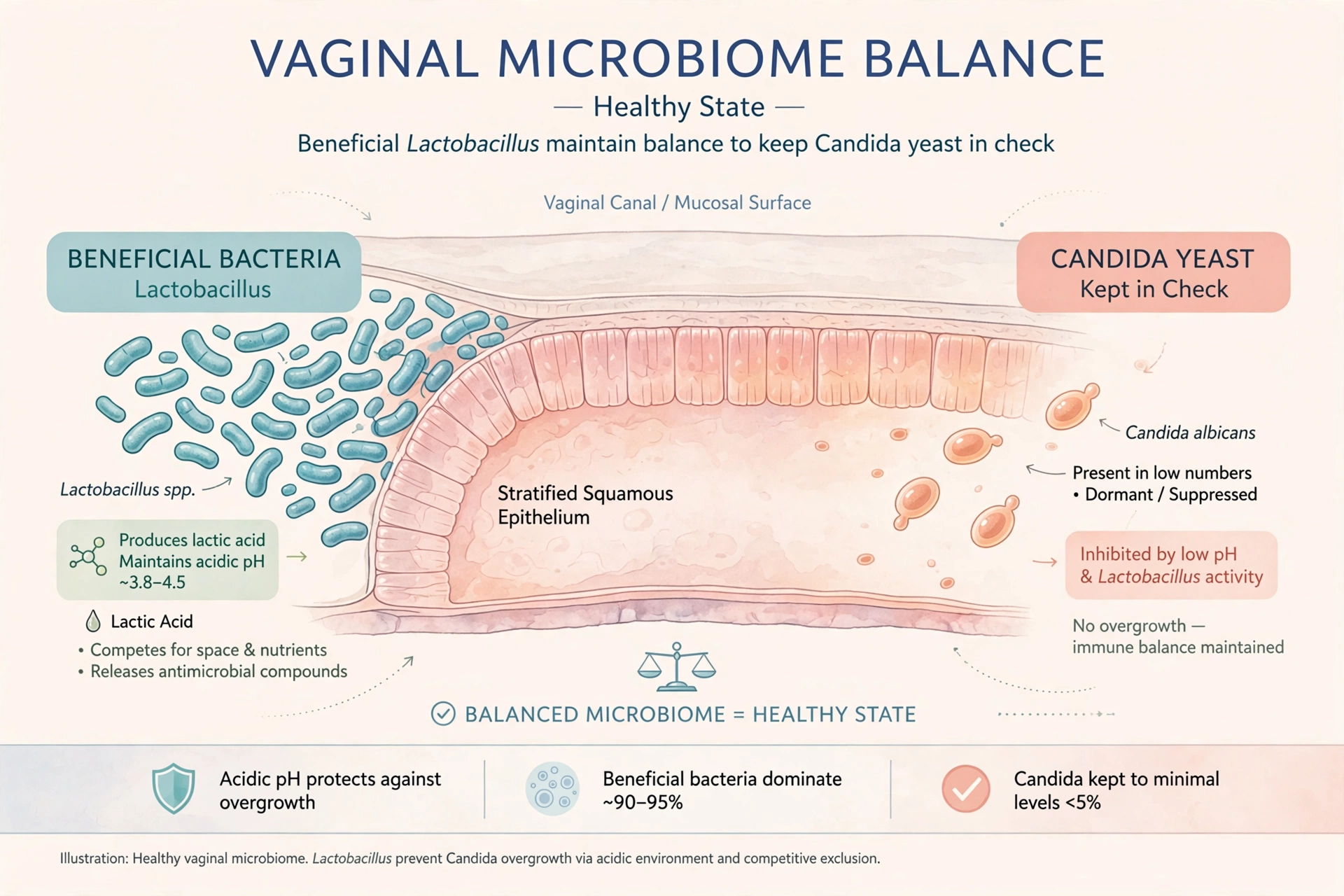sex yeast infection - Illustration of a balanced vaginal microbiome showing beneficial Lactobacillus keeping Candida yeast in check, explaining whether sex can cause yeast infections