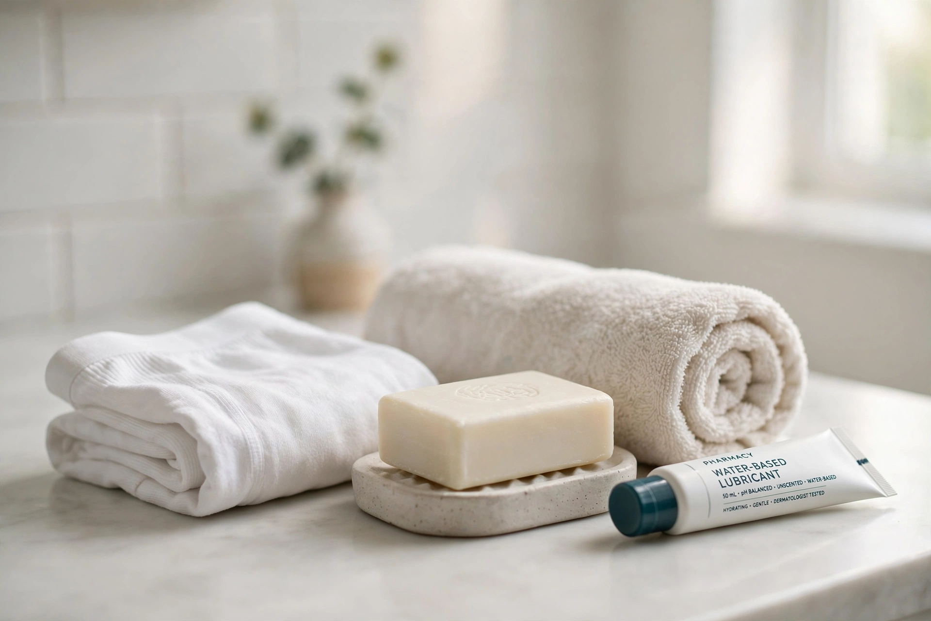 sex yeast infection - Still-life photo of an intimate aftercare kit with folded cotton underwear, a towel, unscented soap, and water-based lubricant on a bathroom counter