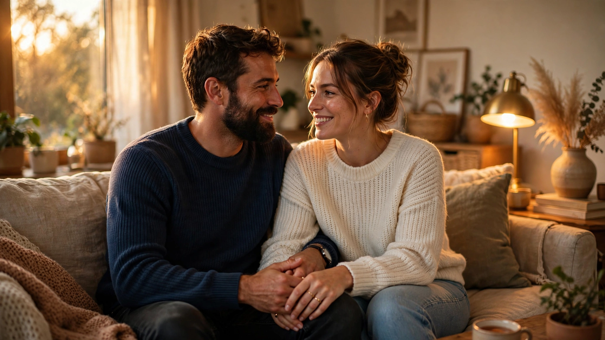 Couple holding hands on a cozy couch at golden hour, sharing a tender moment