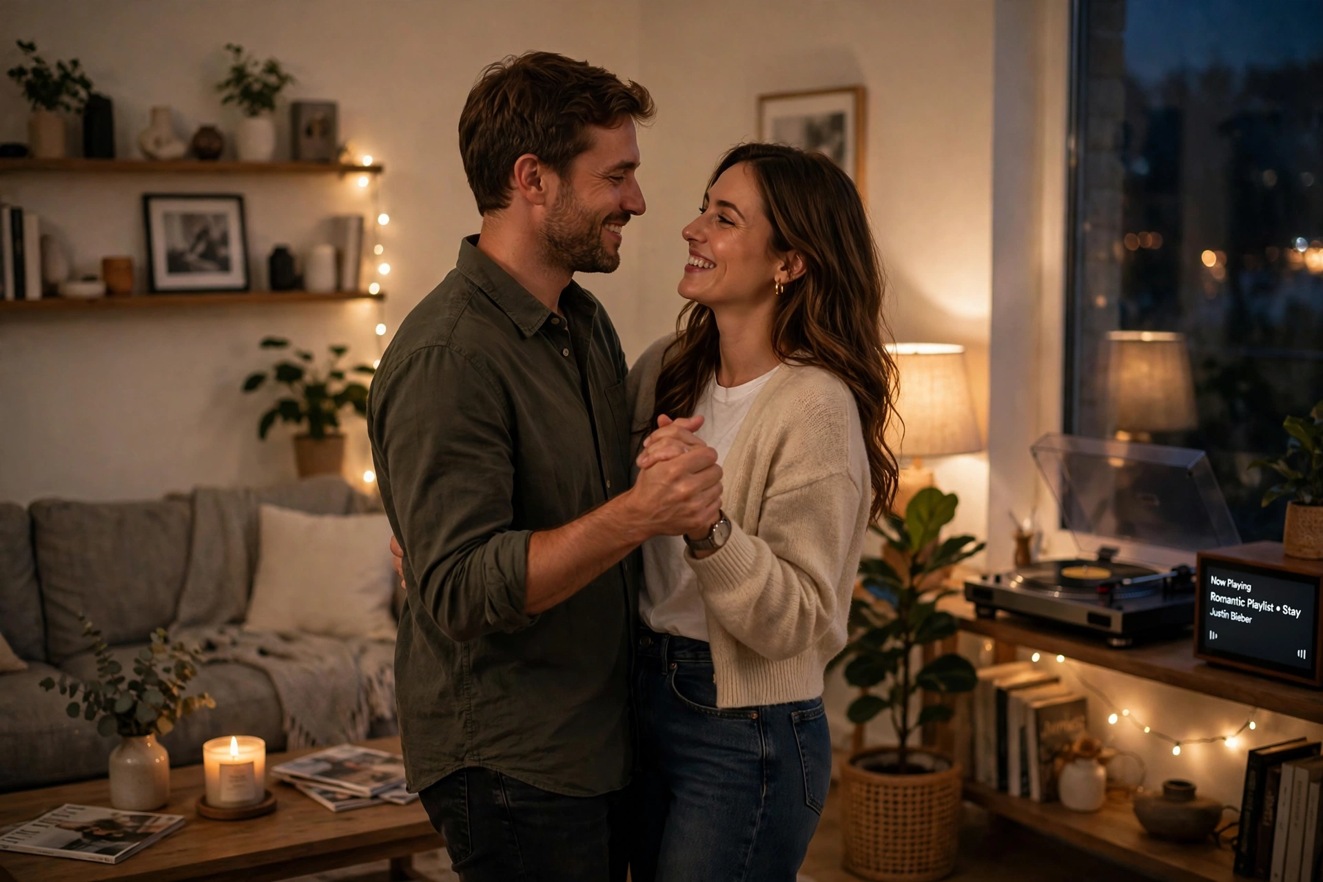 Couple slow dancing together in a softly lit living room