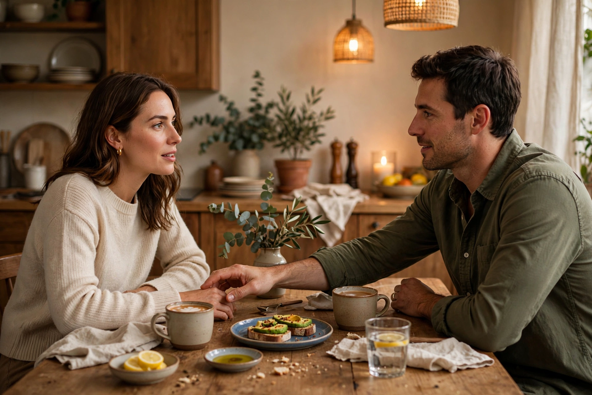 Couple having an open, calm conversation across a kitchen table after sex feels like a chore