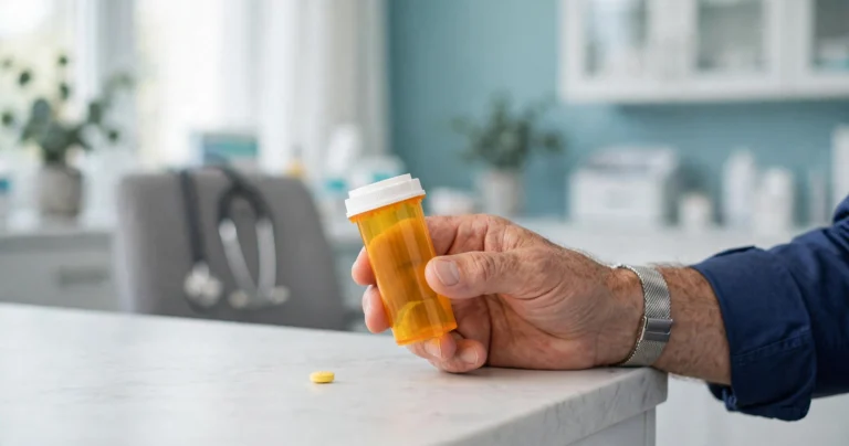 Man holding a prescription bottle of ED medication in a doctor's office