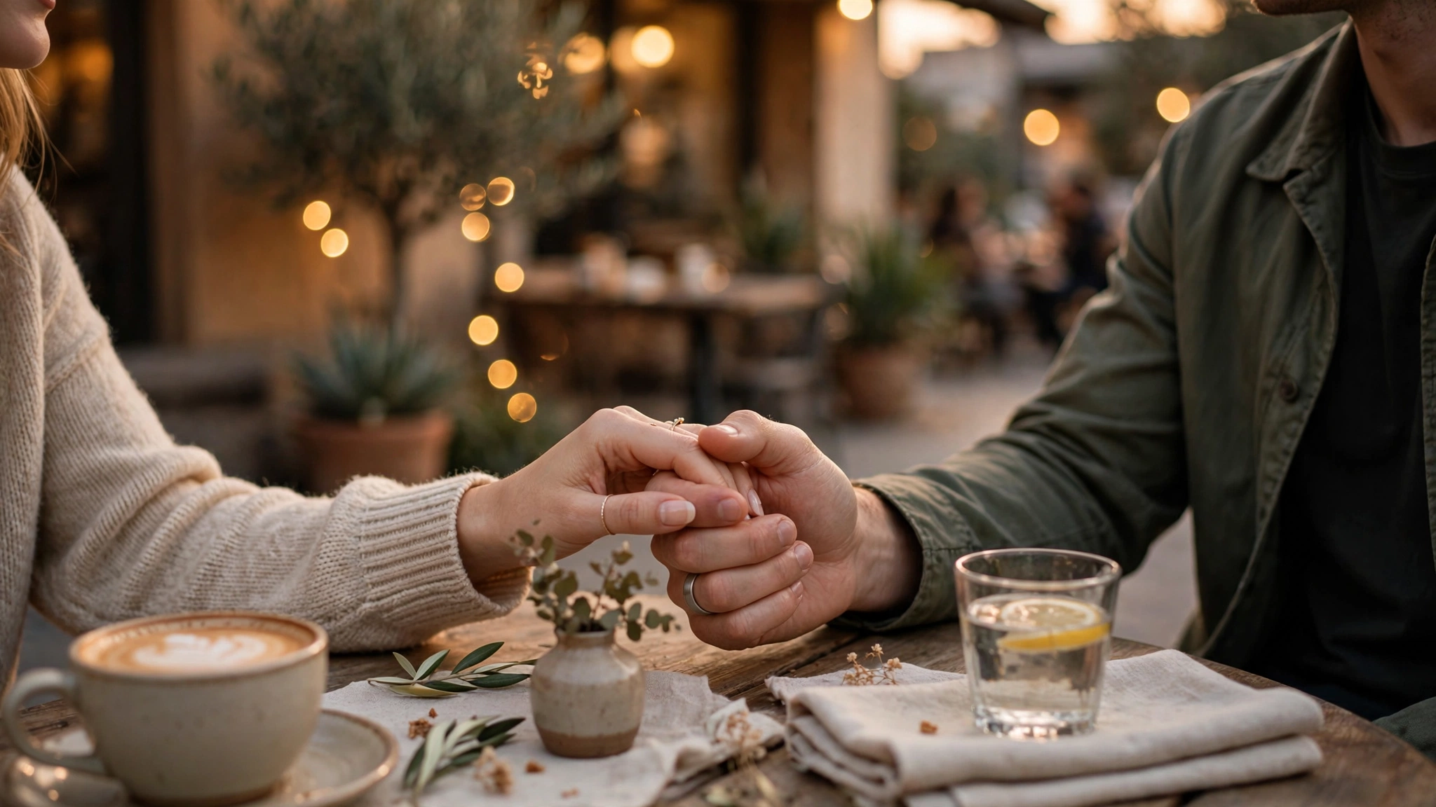 Couple holding hands at a cafe, representing intimacy and emotional closeness
