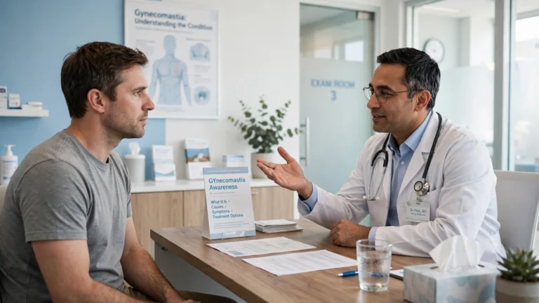 Doctor consulting a male patient about gynecomastia causes and treatment options in a clinic