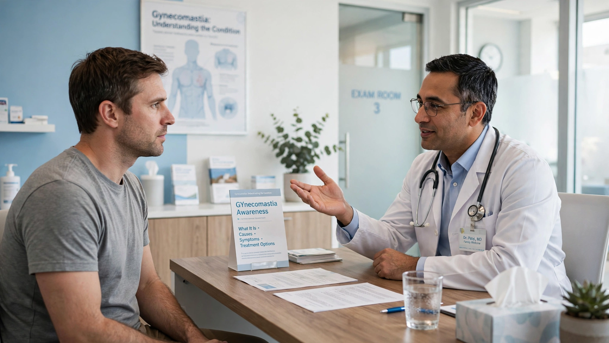 Doctor consulting a male patient about gynecomastia causes and treatment options in a clinic