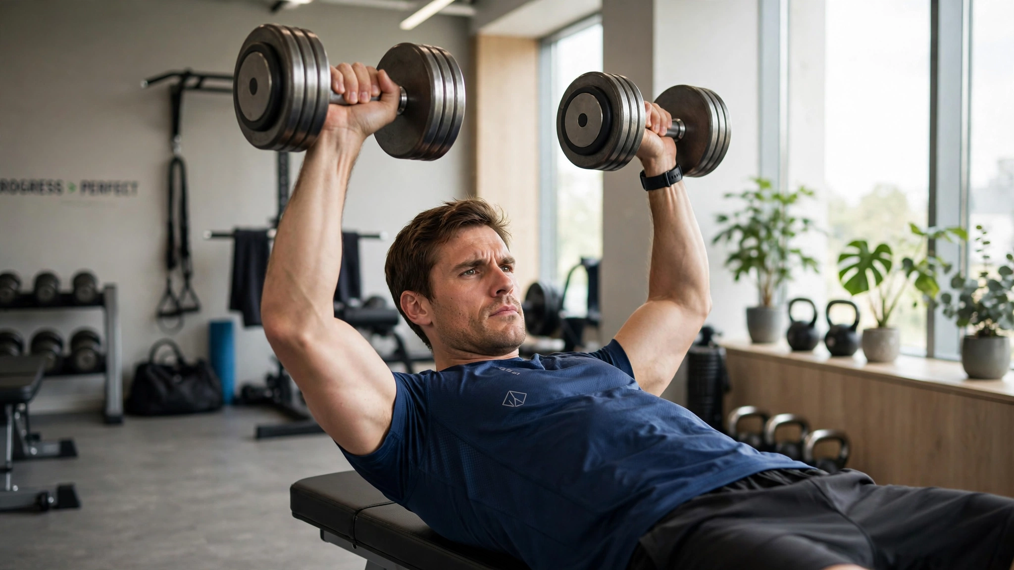 Man doing chest press exercise with dumbbells as part of a healthy lifestyle routine