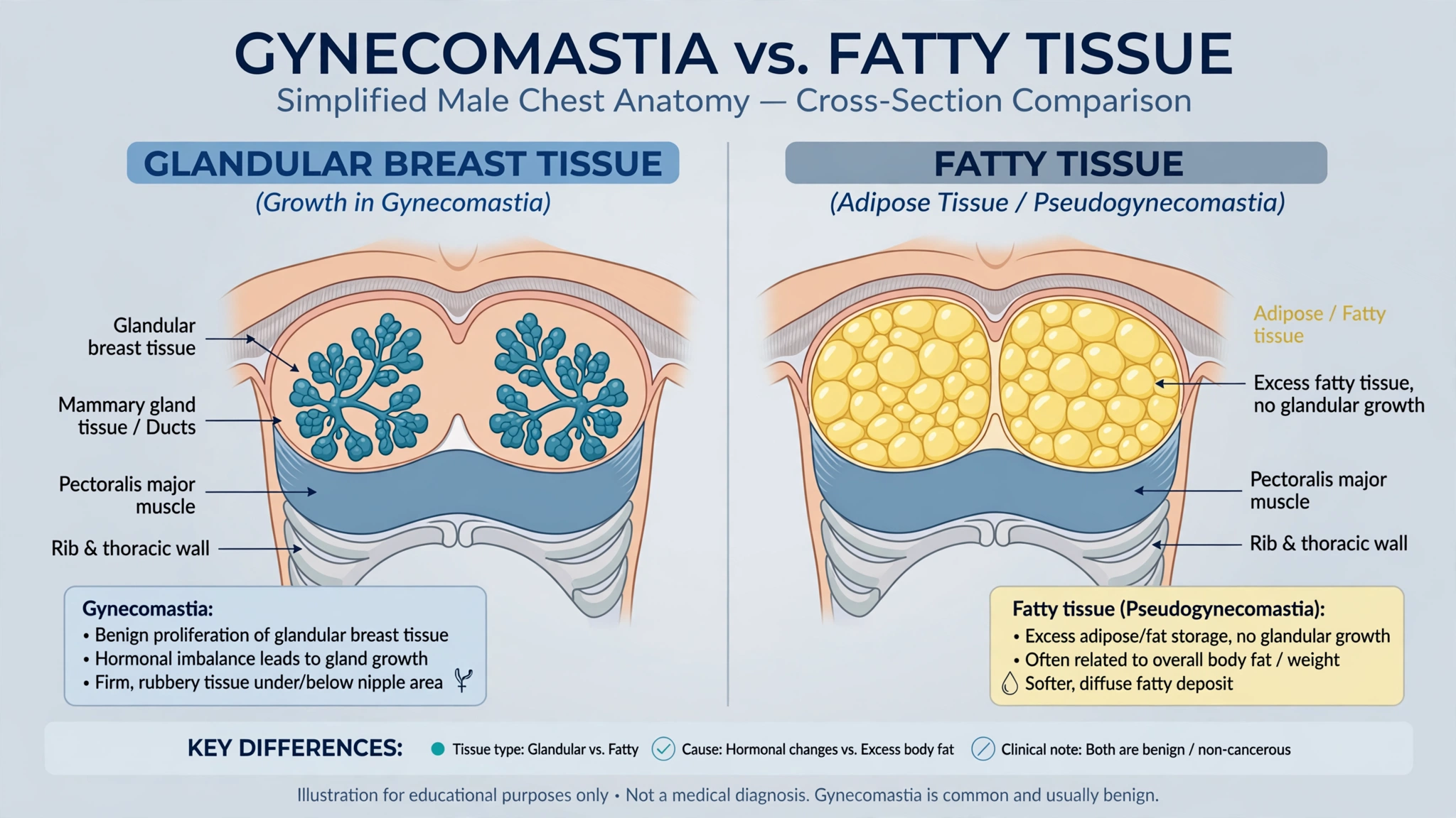 Medical illustration of gynecomastia causes treatment options: comparing glandular breast tissue in gynecomastia versus fatty tissue in pseudogynecomastia