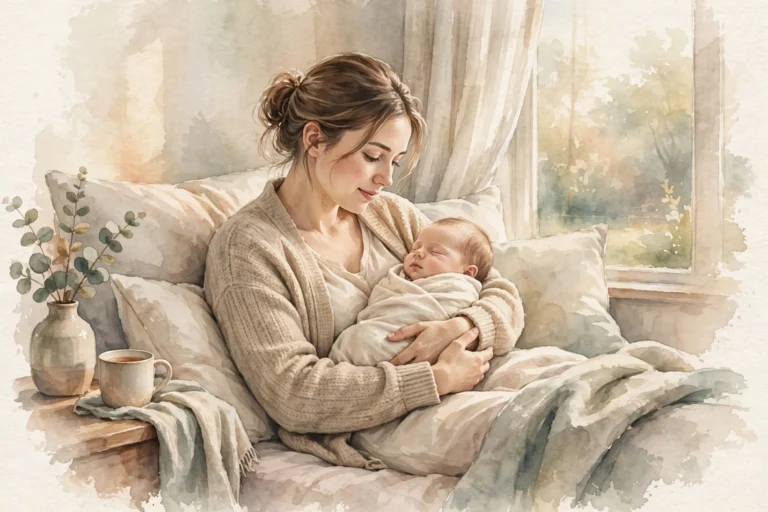New mother resting with her newborn in soft morning light, illustrating recovery from painful sex
