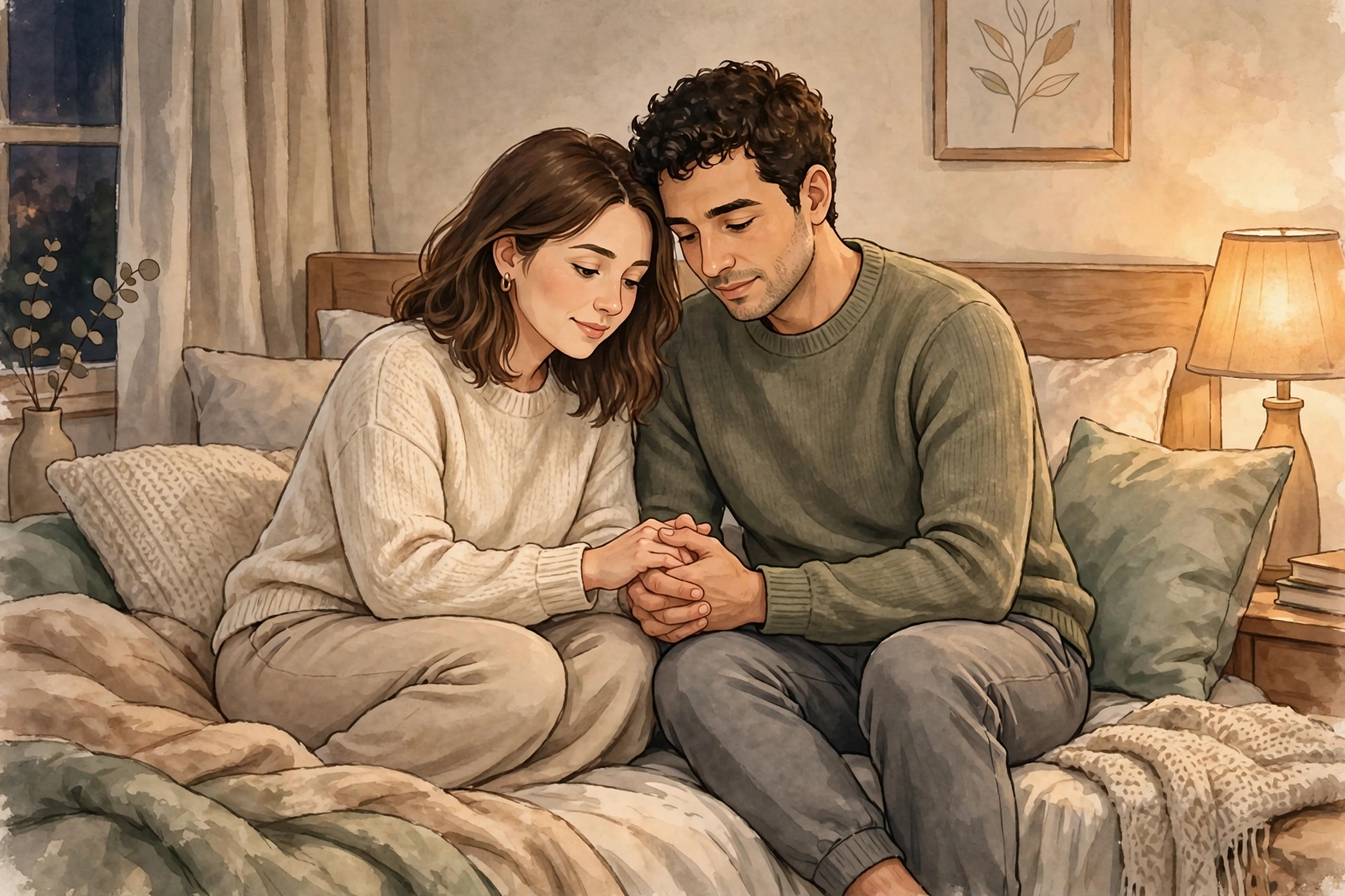 painful sex - Couple sitting close together holding hands, illustrating partner support during postpartum intimacy recovery