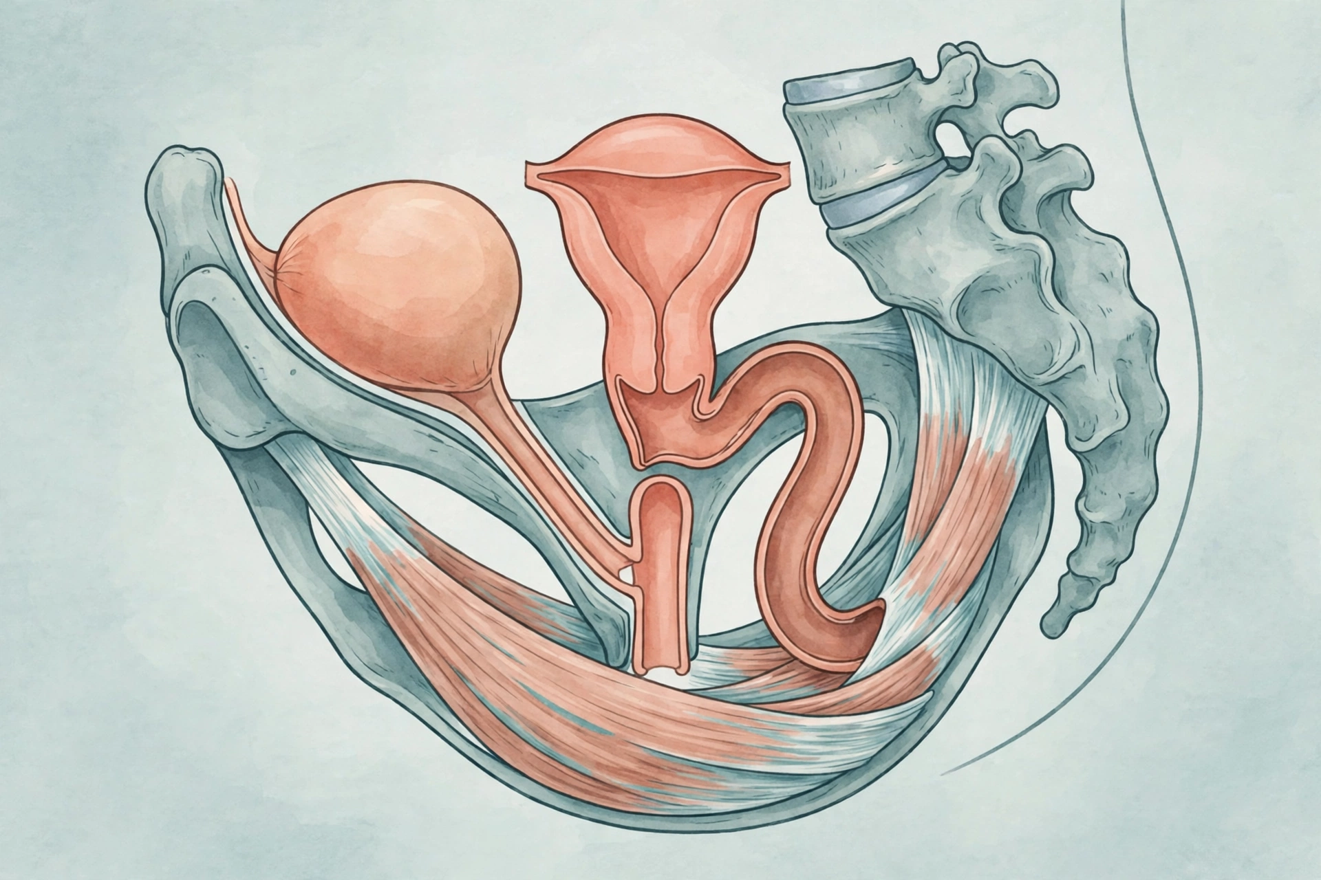 painful sex - Clinical illustration of the female pelvic floor muscles supporting the pelvic organs