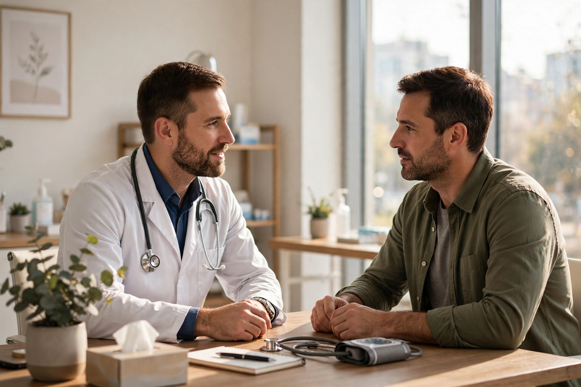A male doctor in a calm, reassuring consultation with an adult male patient in a bright modern clinic