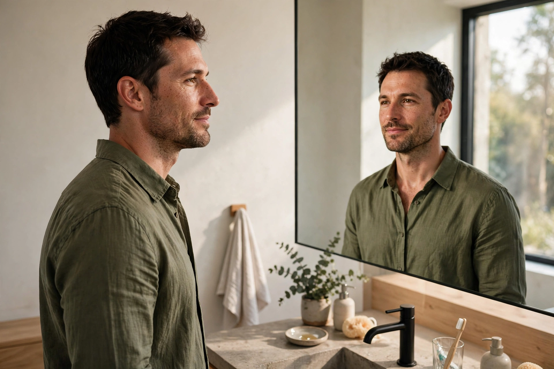 A fully clothed man looking calmly at his own reflection in a bathroom mirror, representing self-acceptance after learning the average penis size