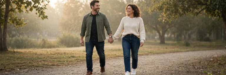 A confident couple holding hands outdoors in warm morning light, symbolizing body confidence and reassurance