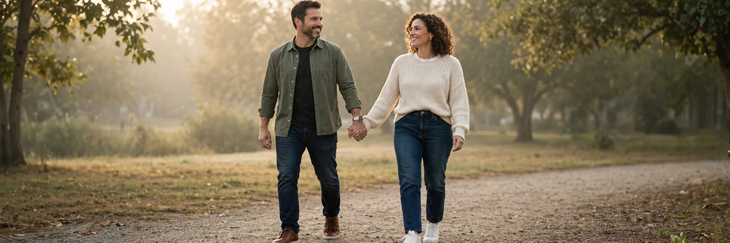 A confident couple holding hands outdoors in warm morning light, symbolizing body confidence and reassurance
