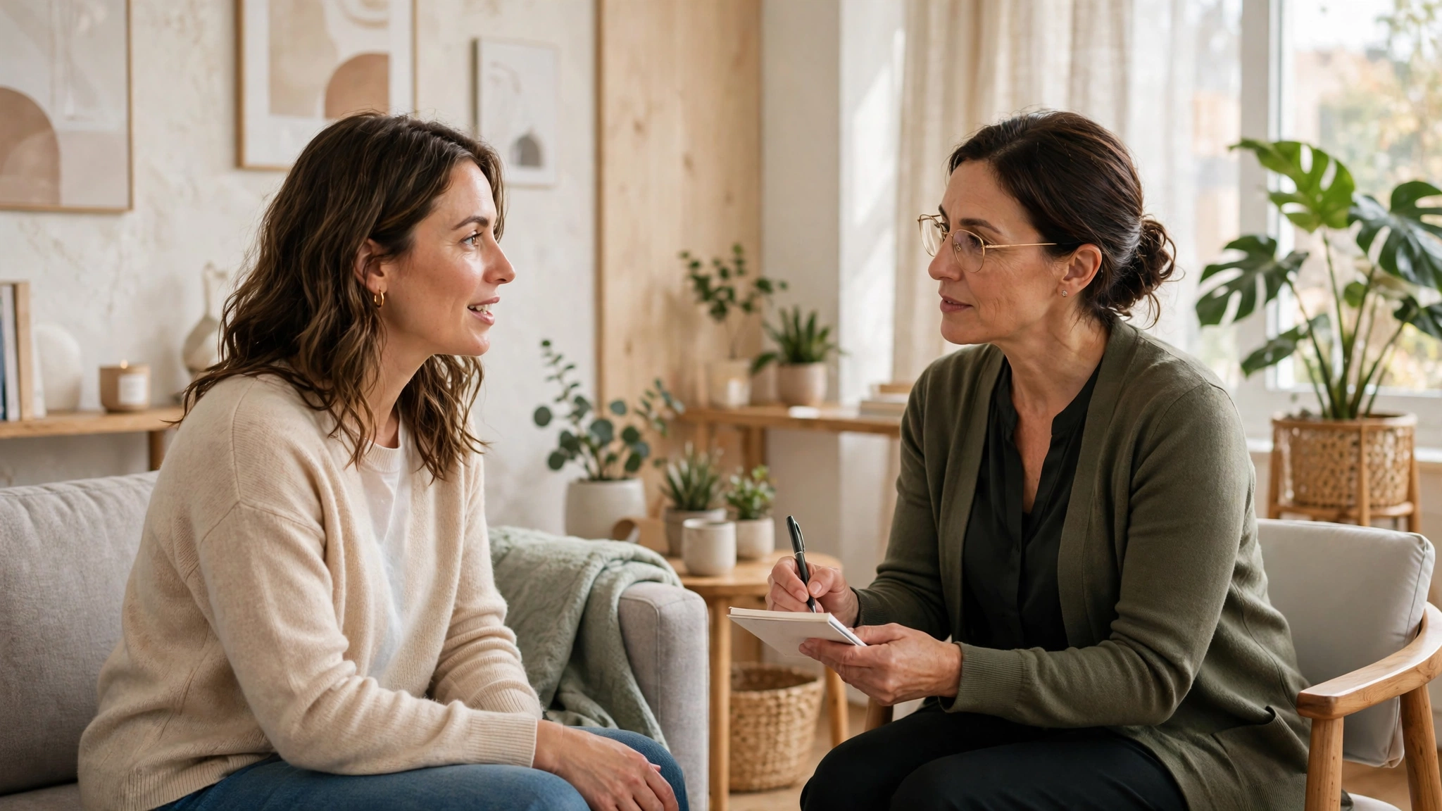 Woman speaking with a therapist in a bright counseling office
