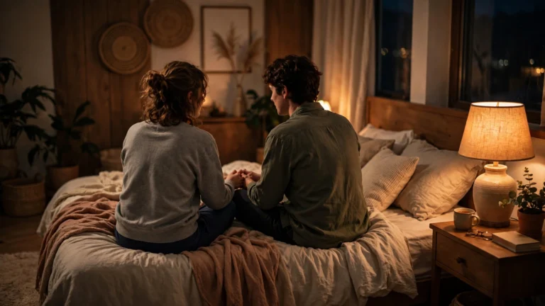 Couple sitting on a bed at night having a gentle, caring conversation