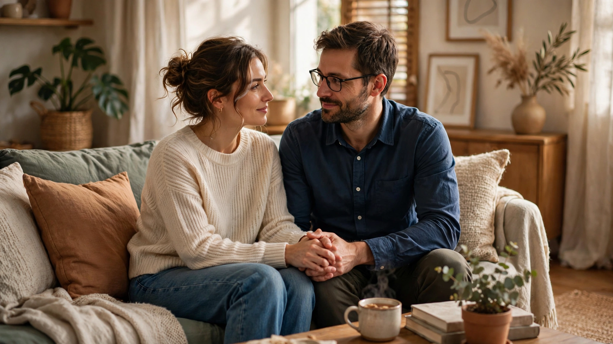 Couple holding hands on a couch, talking calmly in warm daylight while learning how to say no to sex kindly