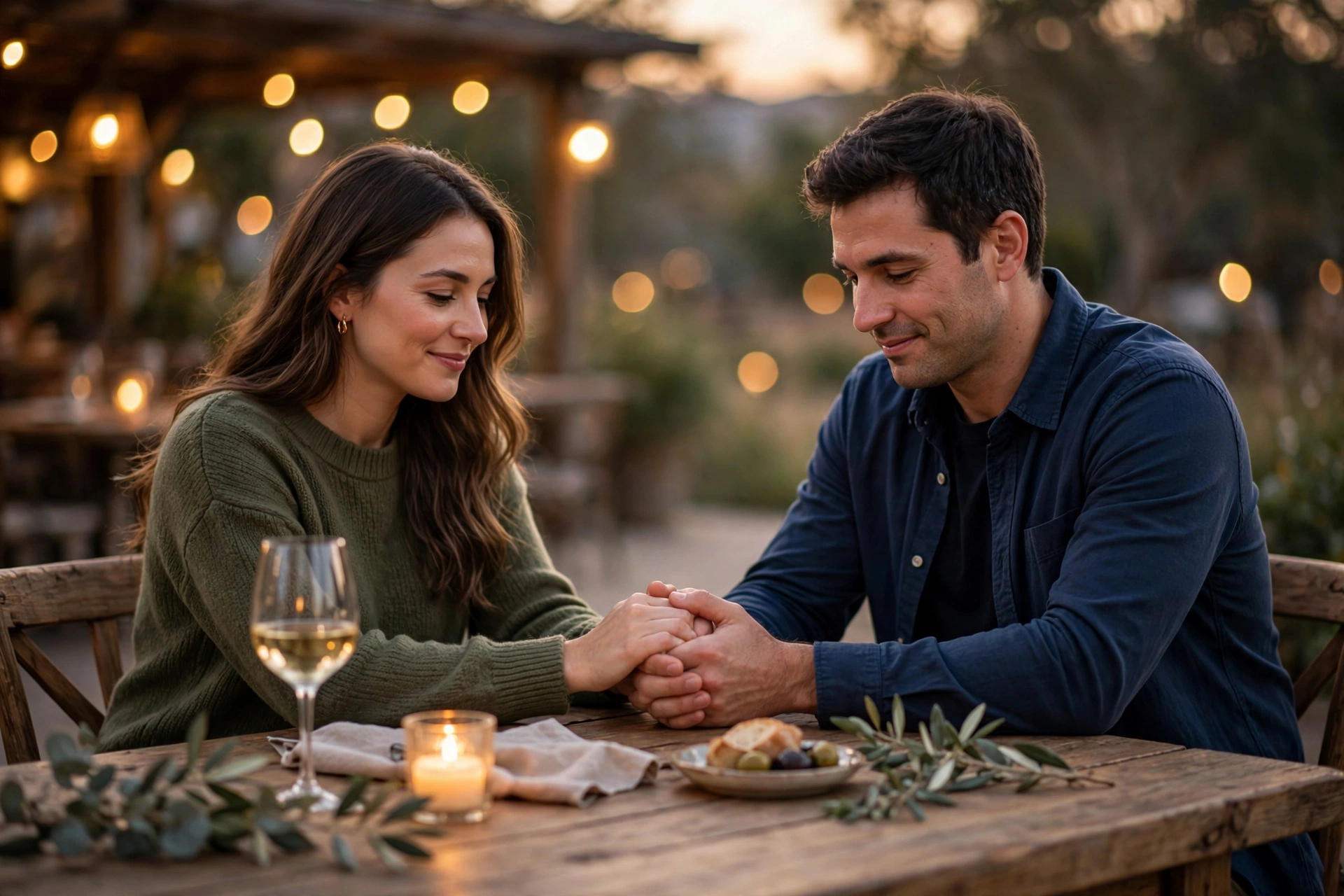 Couple holding hands warmly in soft evening light