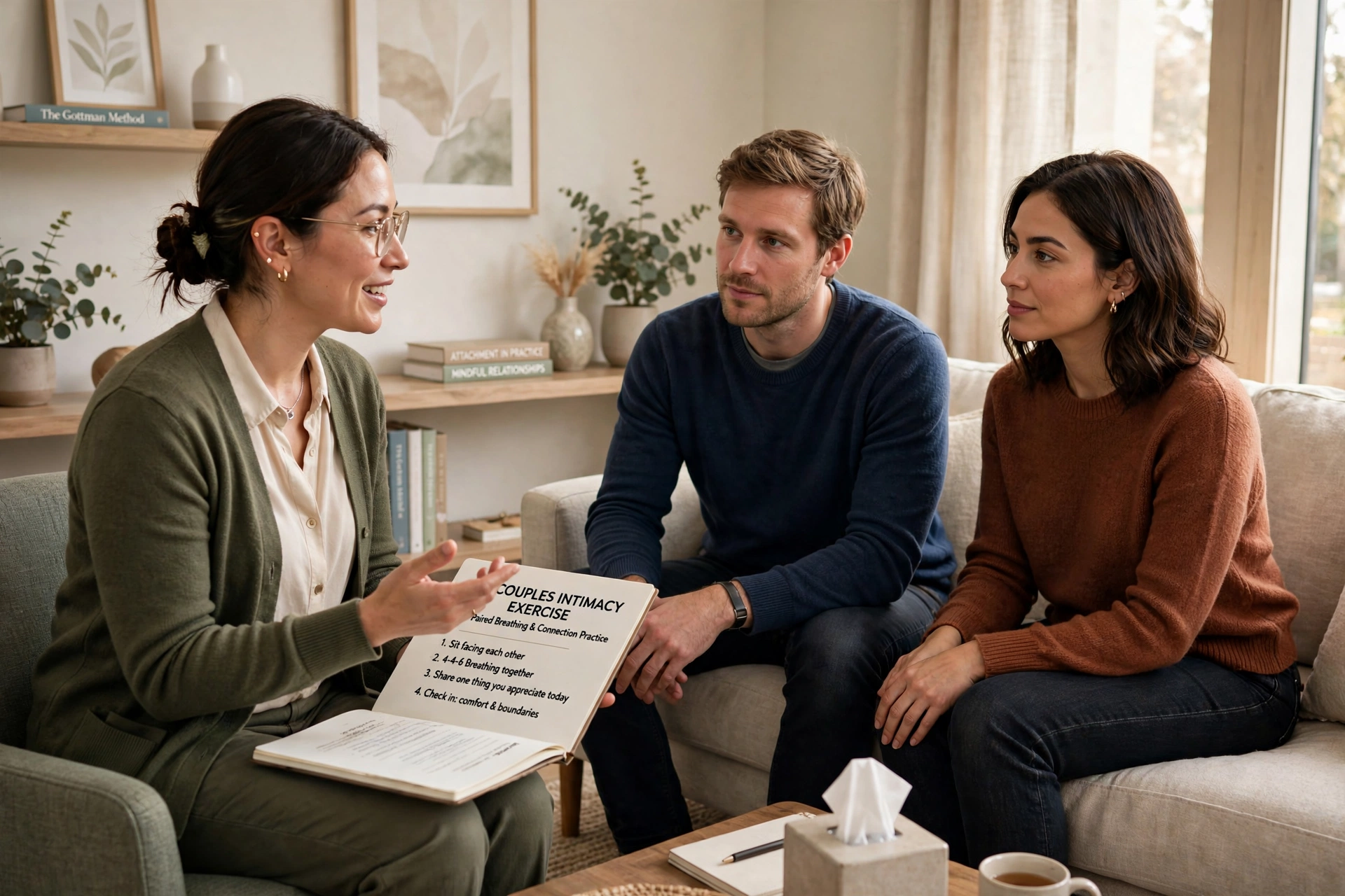 Therapist explaining a couples intimacy exercise in a clinic office
